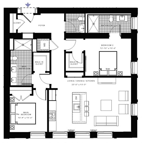 Floor plan for 2 beds, 2.5 baths, 1236 sqft